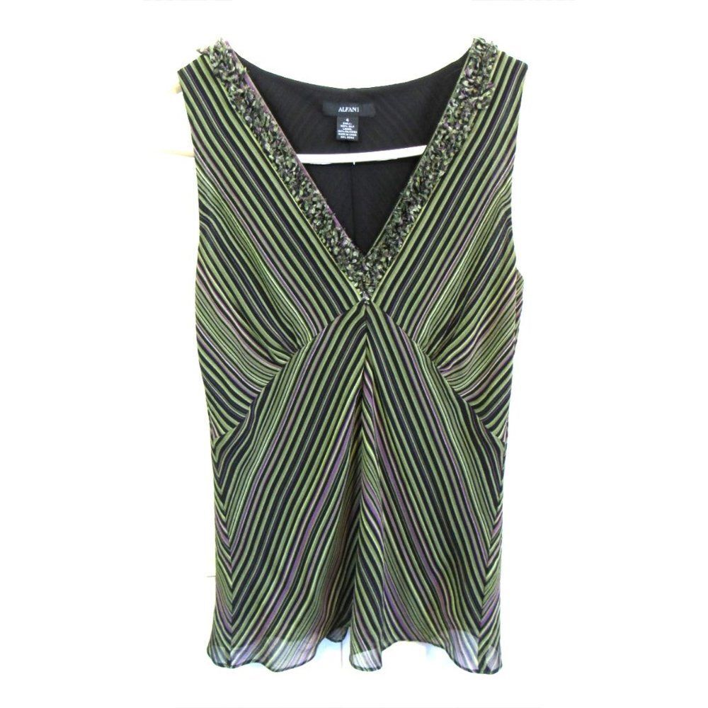 Womens sleeveless blouse Geometric Striped Retri Geen V-neck Sz 4 Afani